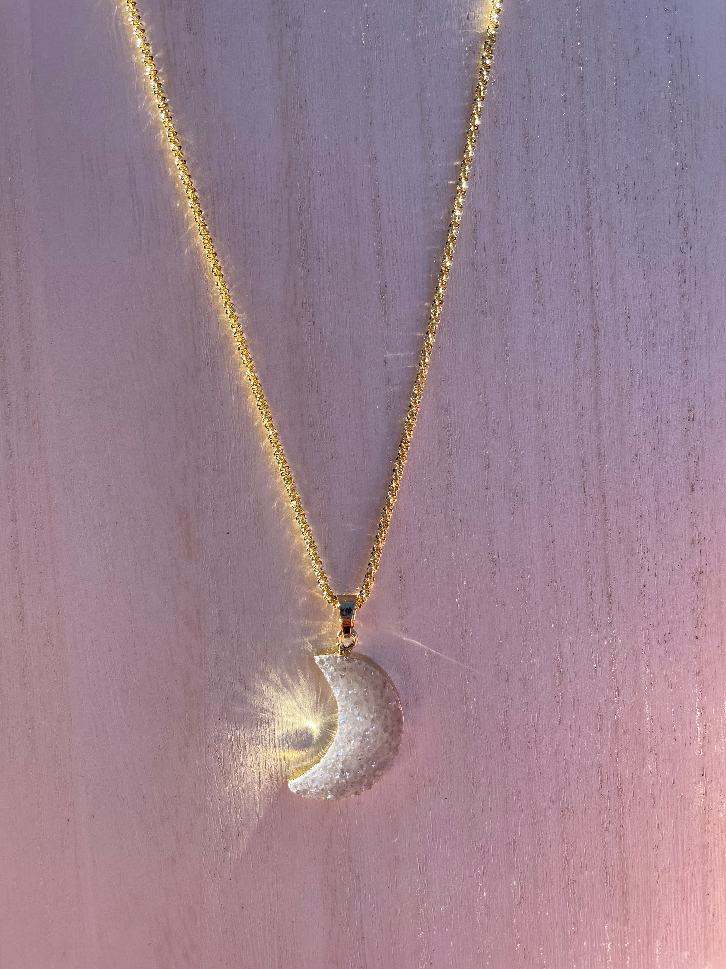 Druzy Moon Necklace ~ Gold