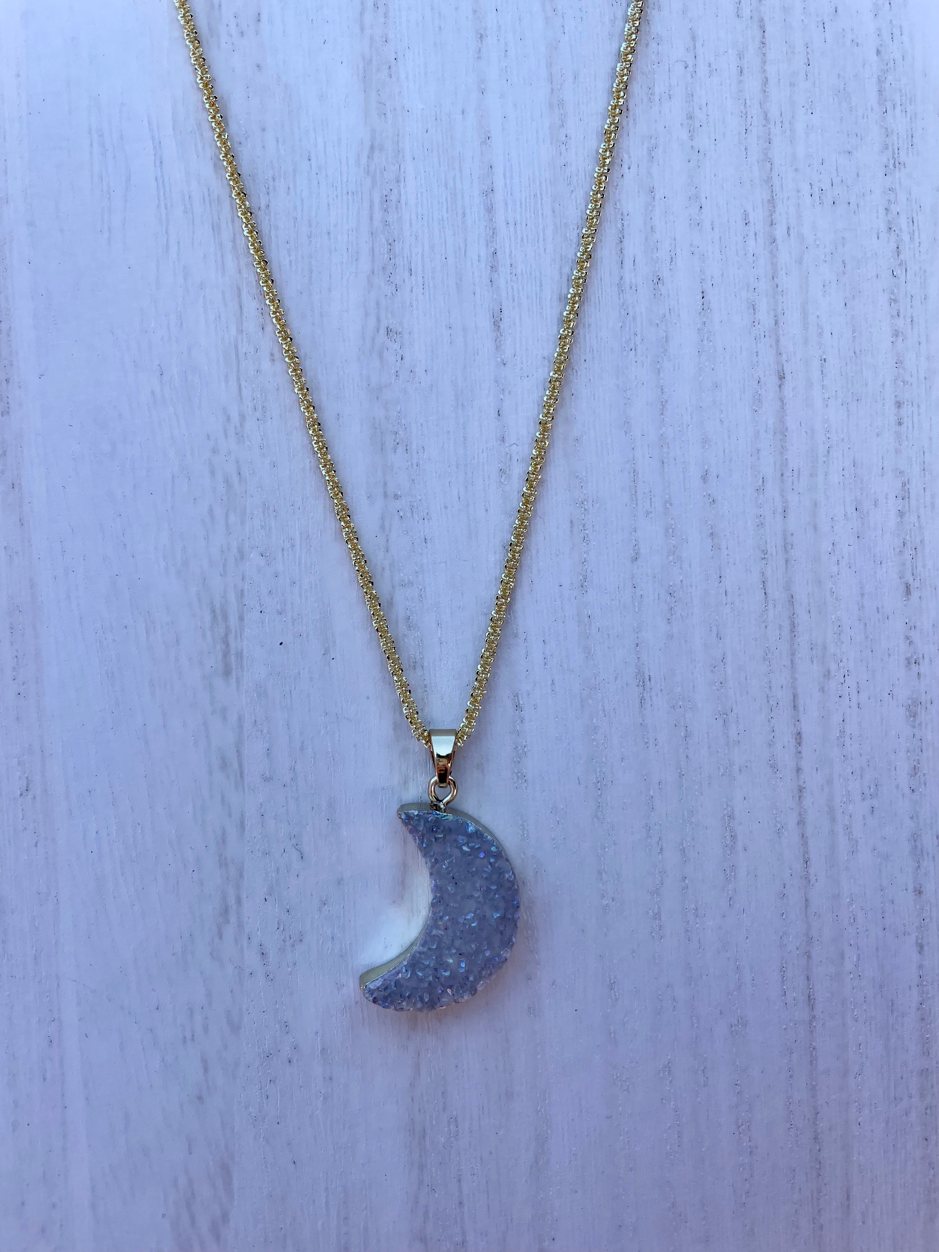 Druzy Moon Necklace ~ Gold